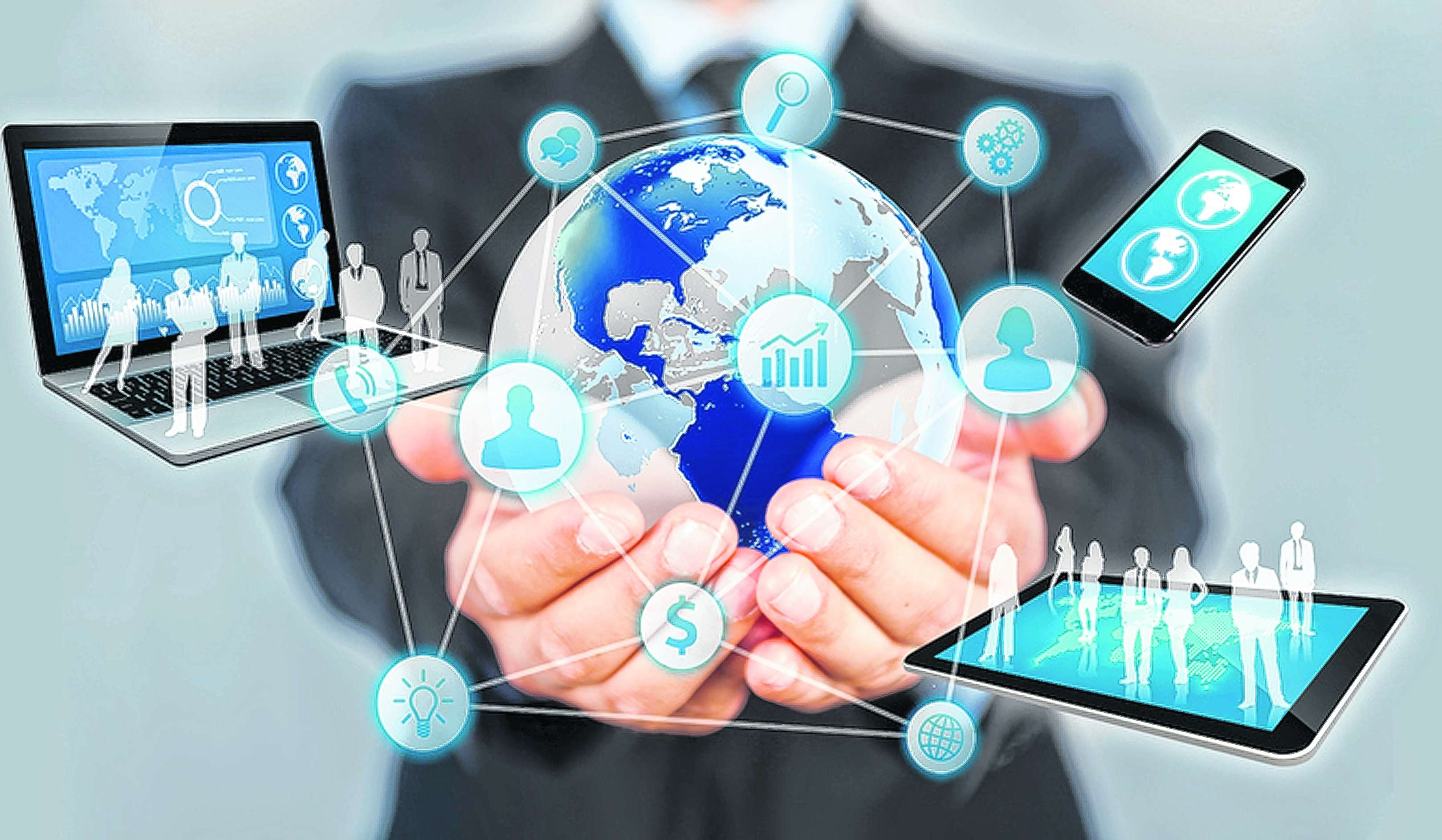 Businessman holds modern technology in hands.